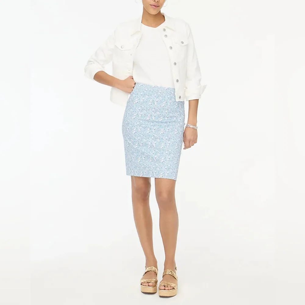 J. Crew Factory Daydream Blue Ivory Floral Pencil Skirt 20 Boho Office Business